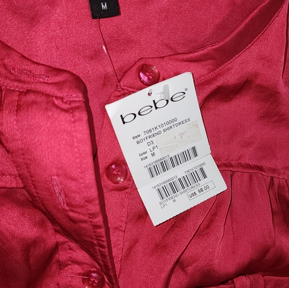 NWT Bebe Hot Pink Shirt Dress Medium Roll Tab 1/2 Button Front Lightweight - Picture 7 of 11